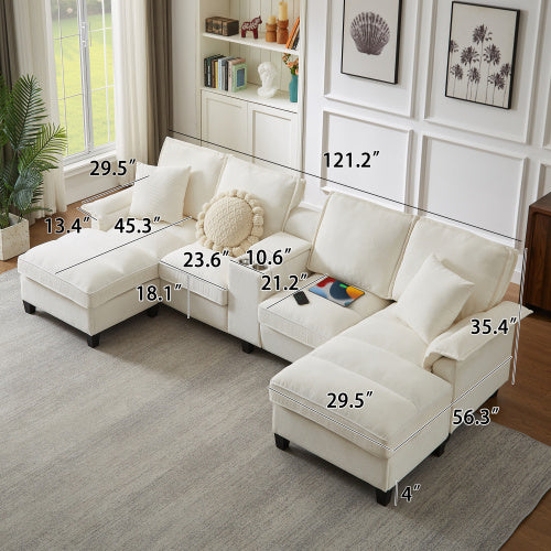 120 Modular Corduroy Sectional Sofa Bed With Storage Modern U-Shaped Design, 4-Seater, Perfect For Living Room, Apartment, Or Lounge, Featuring Cup Holders For Added Convenience