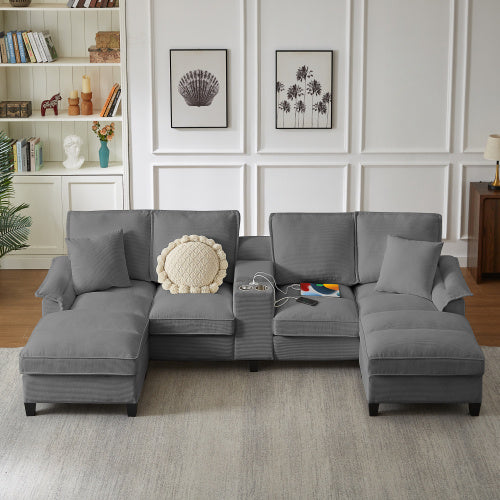 120 Modular Corduroy Sectional Sofa Bed With Storage Modern U-Shaped Design, 4-Seater, Perfect For Living Room, Apartment, Or Lounge, Featuring Cup Holders For Added Convenience