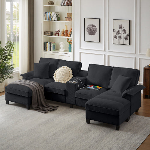 120 Modular Corduroy Sectional Sofa Bed With Storage Modern U-Shaped Design, 4-Seater, Perfect For Living Room, Apartment, Or Lounge, Featuring Cup Holders For Added Convenience