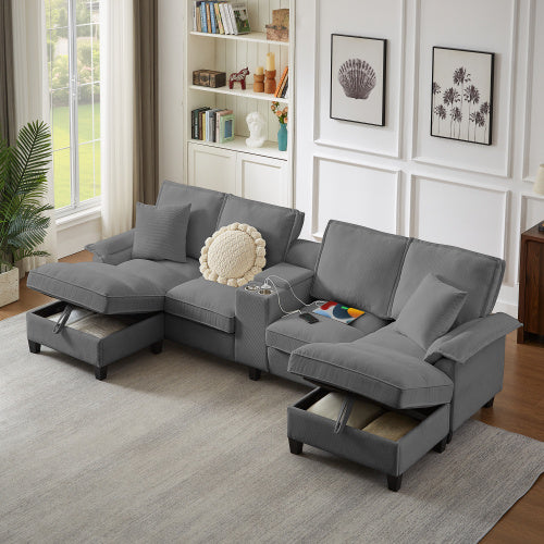 120 Modular Corduroy Sectional Sofa Bed With Storage Modern U-Shaped Design, 4-Seater, Perfect For Living Room, Apartment, Or Lounge, Featuring Cup Holders For Added Convenience