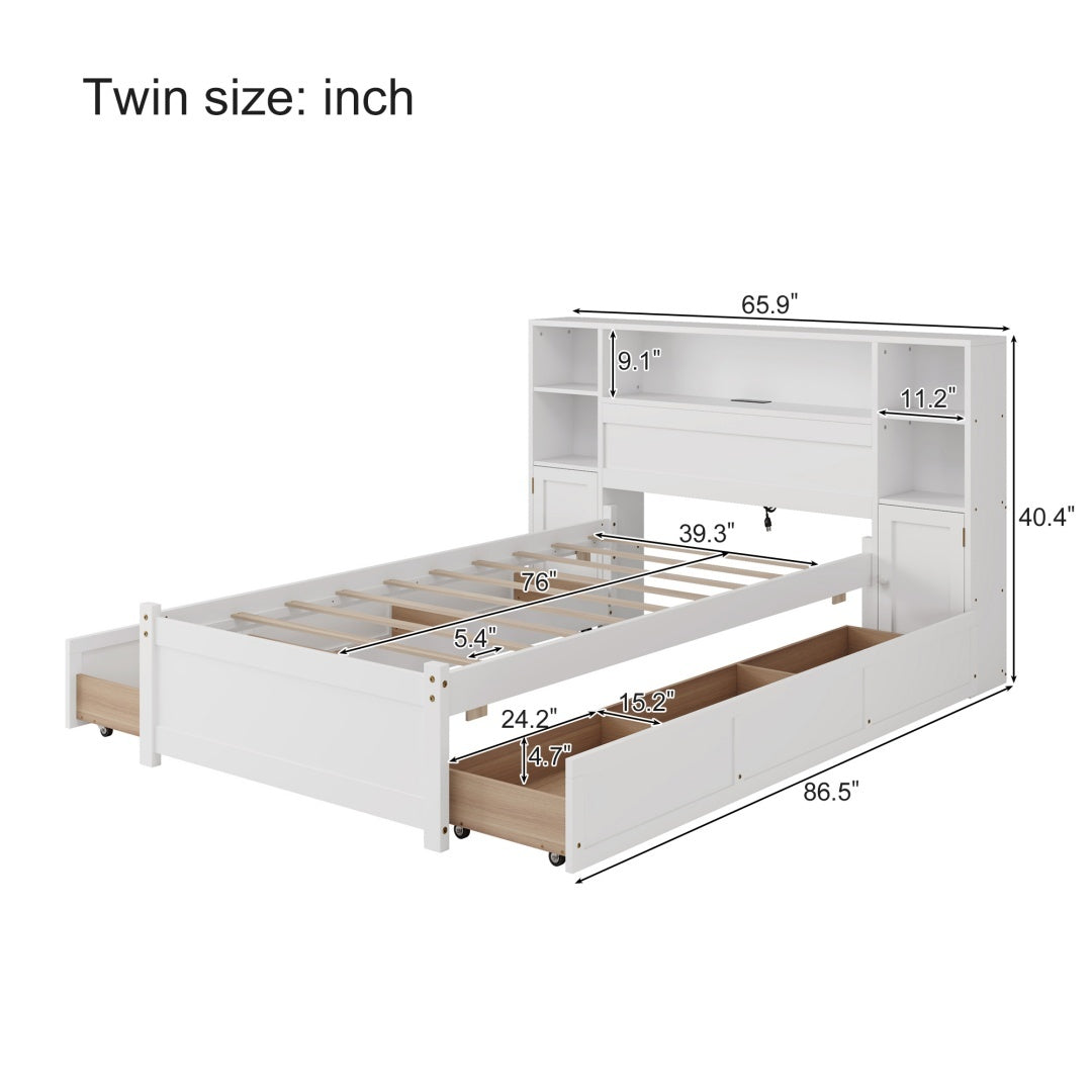 White Wooden Storage Bed With Tall Extended Bookcase Headboard, 6 Drawers And Charging Station For Teens Adults, No Box Spring Needed,Twin