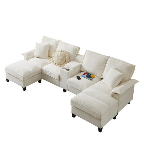 120 Modular Corduroy Sectional Sofa Bed With Storage Modern U-Shaped Design, 4-Seater, Perfect For Living Room, Apartment, Or Lounge, Featuring Cup Holders For Added Convenience