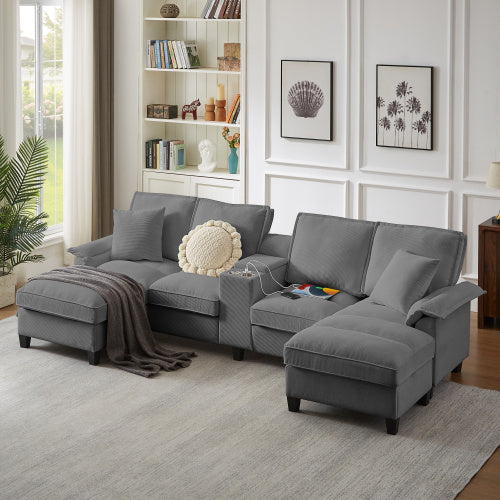 120 Modular Corduroy Sectional Sofa Bed With Storage Modern U-Shaped Design, 4-Seater, Perfect For Living Room, Apartment, Or Lounge, Featuring Cup Holders For Added Convenience