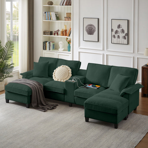 120 Modular Corduroy Sectional Sofa Bed With Storage Modern U-Shaped Design, 4-Seater, Perfect For Living Room, Apartment, Or Lounge, Featuring Cup Holders For Added Convenience