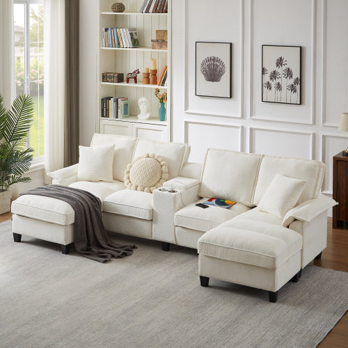 120 Modular Corduroy Sectional Sofa Bed With Storage  Modern U-Shaped Design, 4-Seater, Perfect For Living Room, Apartment, Or Lounge, Featuring Cup Holders For Added Convenience