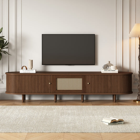 TV Stand With 1 Rattan Drawer And 2 Sliding Doors,Oval TV Cabinet Storage Sideboard With Rounded Corners For Livingroom, 180X40X40cm,Oak Color,MDF, Weight Capacity 30kg, Suitable For 70inch TV