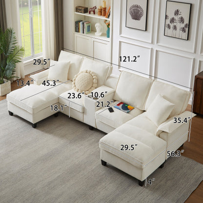120 Modular Corduroy Sectional Sofa Bed With Storage  Modern U-Shaped Design, 4-Seater, Perfect For Living Room, Apartment, Or Lounge, Featuring Cup Holders For Added Convenience
