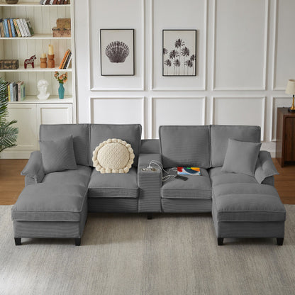 120 Modular Corduroy Sectional Sofa Bed With Storage  Modern U-Shaped Design, 4-Seater, Perfect For Living Room, Apartment, Or Lounge, Featuring Cup Holders For Added Convenience