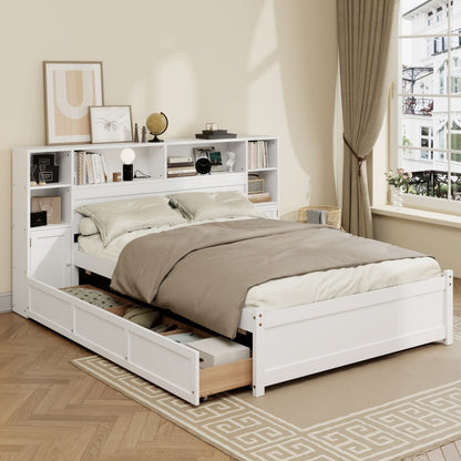 White Wooden Storage Bed With Tall Extended Bookcase Headboard, 6 Drawers And Charging Station For Teens Adults, No Box Spring Needed,Twin