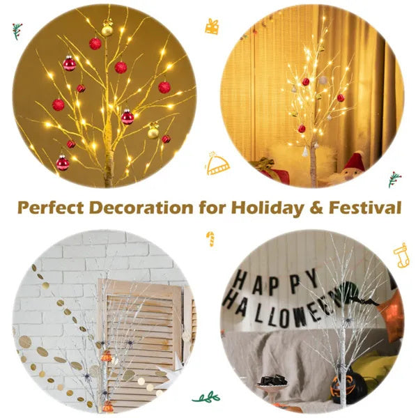 White 5FT LED Birch Tree - Lifelike Bark 72 Lights Flexible Branches 7.2ft Cord For Christmas