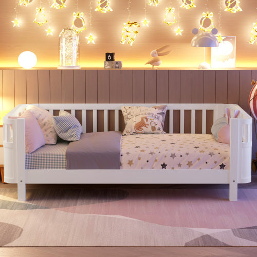 Twin Size Wood Platform Bed For Kids, Wood Low Profile Twin Bed With Rails For Girls And Boys, White Patented Design