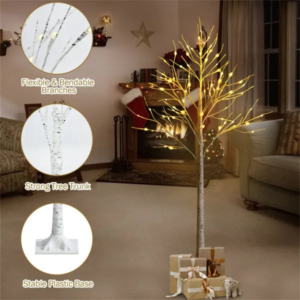 White 5FT LED Birch Tree - Lifelike Bark 72 Lights Flexible Branches 7.2ft Cord For Christmas