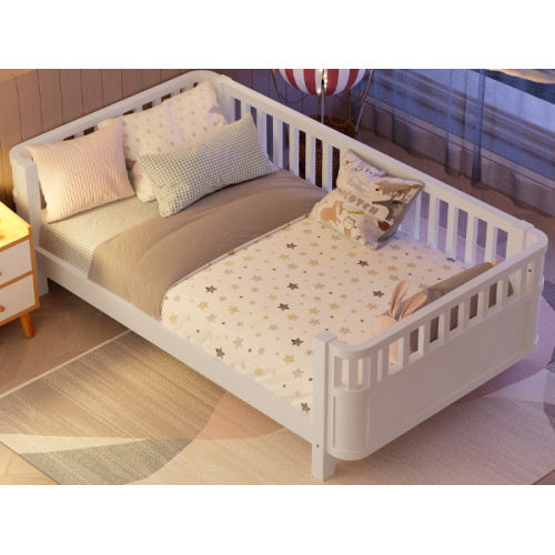 Twin Size Wood Platform Bed For Kids, Wood Low Profile Twin Bed With Rails For Girls And Boys, White Patented Design