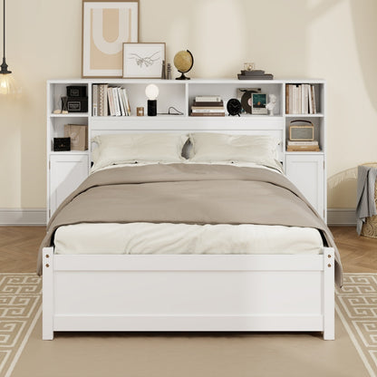 White Wooden Storage Bed With Tall Extended Bookcase Headboard, 6 Drawers And Charging Station For Teens Adults, No Box Spring Needed,Twin