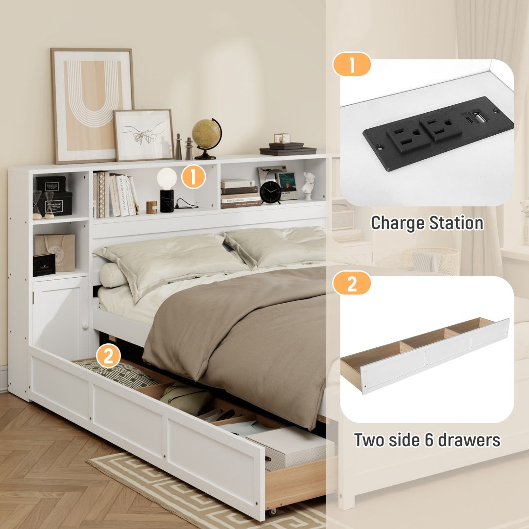 White Wooden Storage Bed With Tall Extended Bookcase Headboard, 6 Drawers And Charging Station For Teens Adults, No Box Spring Needed,Twin