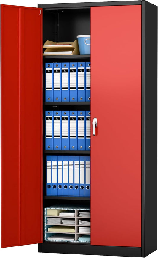 SUPEER Filing Cabinet, Metal Cabinet With 4 Height-Adjustable Shelves, Sheet Steel Powder Coating, Steel Cabinet For Tools, Garage, 180 X 80 X 40 Cm Black Red