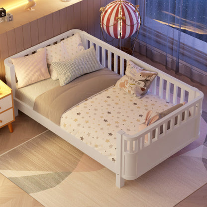 Twin Size Wood Platform Bed For Kids, Wood Low Profile Twin Bed With Rails For Girls And Boys, White Patented Design