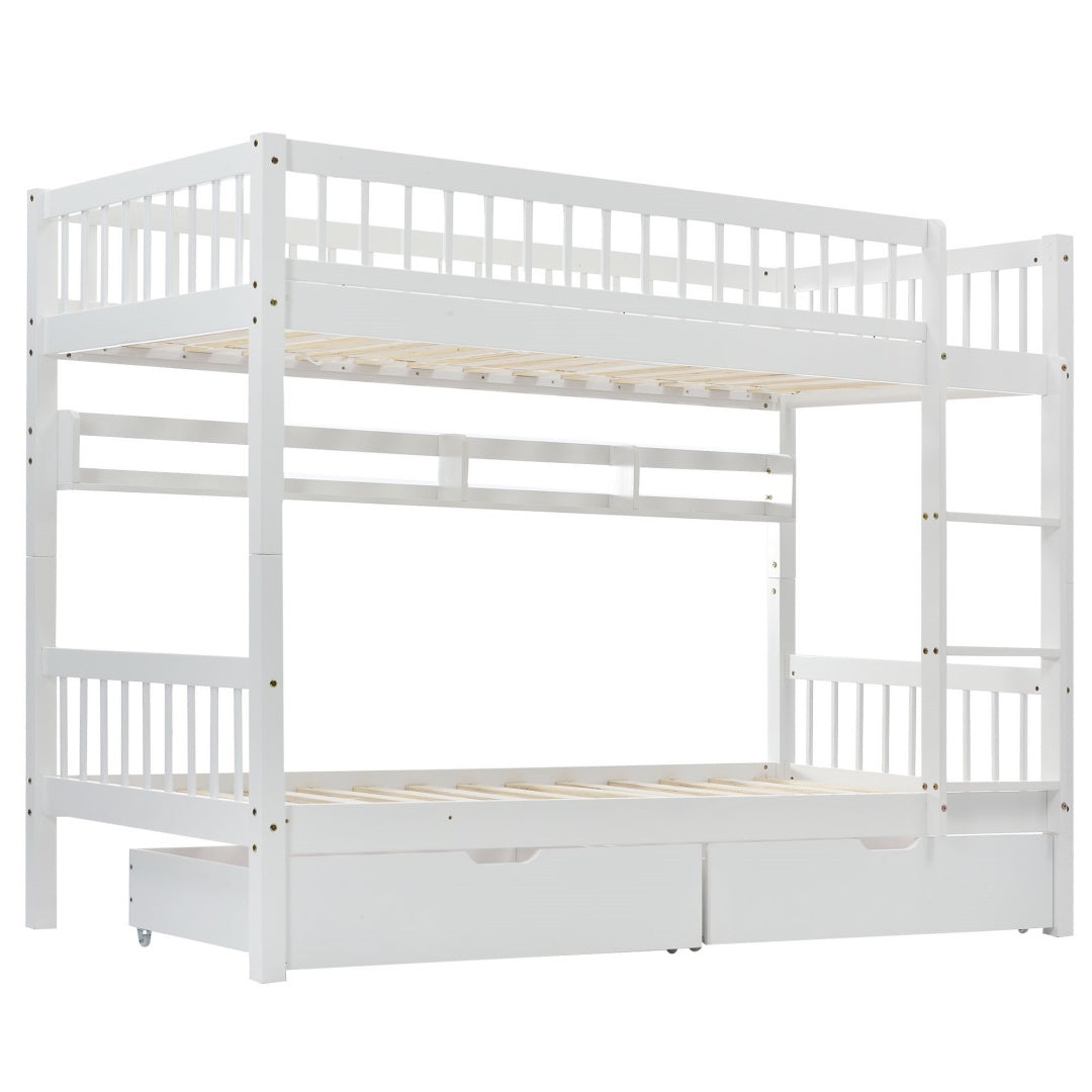 Bunk Bed, Kids Children, 3FT Solid Pine Wood Single Bed Frame & Under Bed Slide Drawer Storage, With Shelf, White 90x190cm