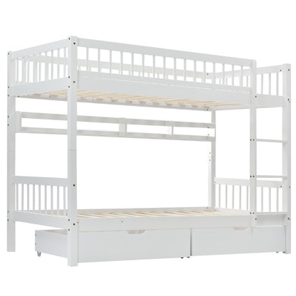Bunk Bed, Kids Children, 3FT Solid Pine Wood Single Bed Frame & Under Bed Slide Drawer Storage, With Shelf, White 90x190cm