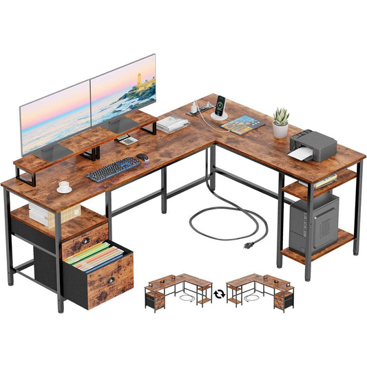 L-shaped Office Desk With Power Socket, Reversible Computer Game Table, Fabric Drawer, And 2 Monitor Stands