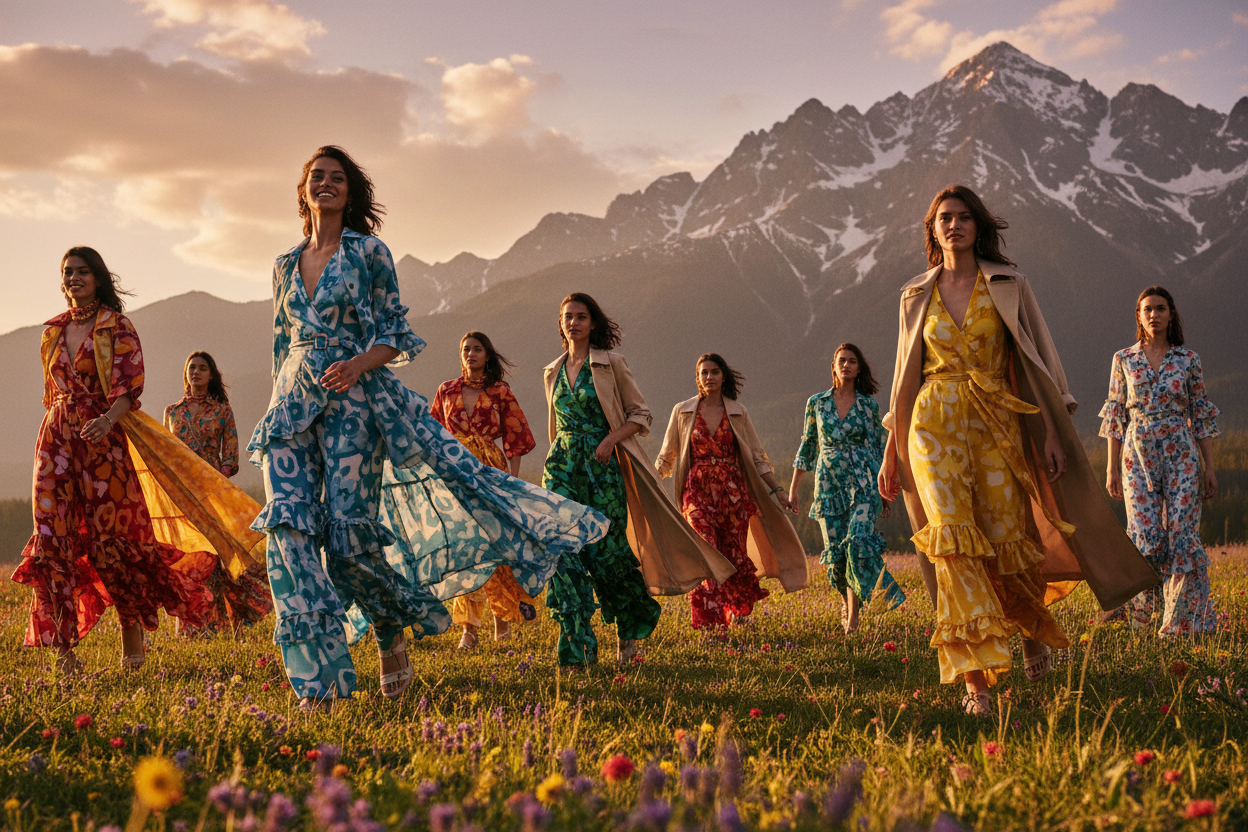 A cinematic video of clothing models showcasing the latest collection in a beautiful natural setting, with dynamic shots and a trendy, upbeat music track.