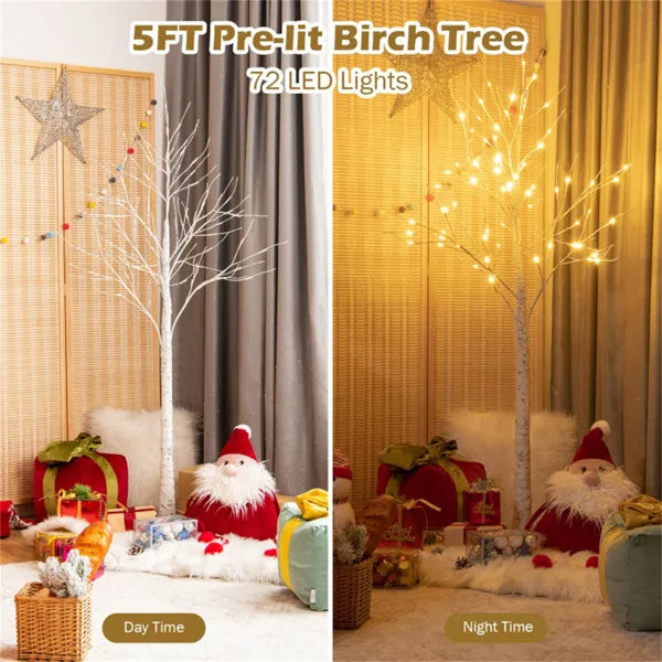 White 5FT LED Birch Tree - Lifelike Bark 72 Lights Flexible Branches 7.2ft Cord For Christmas