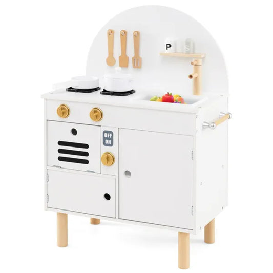 White Wooden Kids Play Kitchen With Interactive Stove & Sink, ASTM/CPSIA Compliant Pretend Cooking Set For Ages 3+