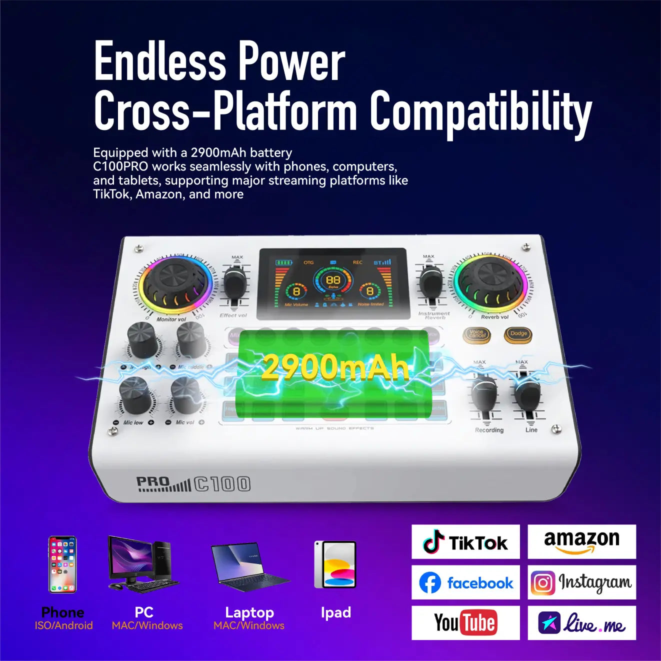 C100PRO Lightweight And Portable Digital Sound Card, Real-time Voice Changer, Intelligent Noise Reduction, And Instrument Reverberation