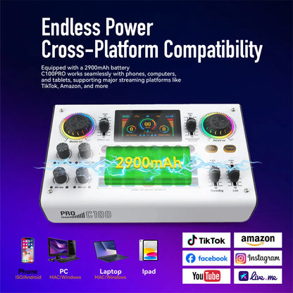 C100PRO Lightweight And Portable Digital Sound Card, Real-time Voice Changer, Intelligent Noise Reduction, And Instrument Reverberation