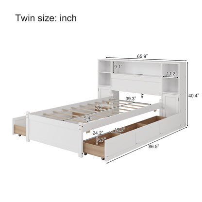 White Wooden Storage Bed With Tall Extended Bookcase Headboard, 6 Drawers And Charging Station For Teens Adults, No Box Spring Needed,Twin