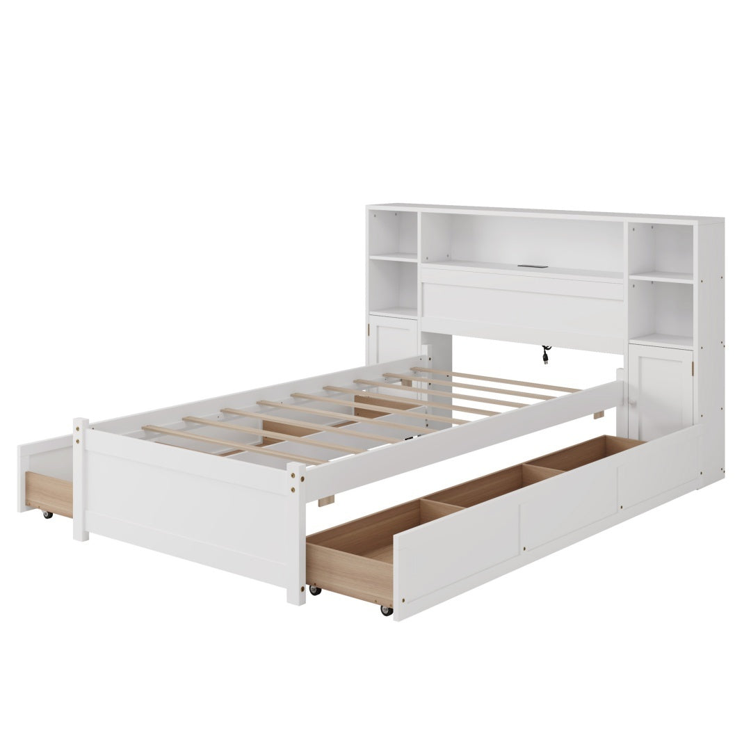 White Wooden Storage Bed With Tall Extended Bookcase Headboard, 6 Drawers And Charging Station For Teens Adults, No Box Spring Needed,Twin