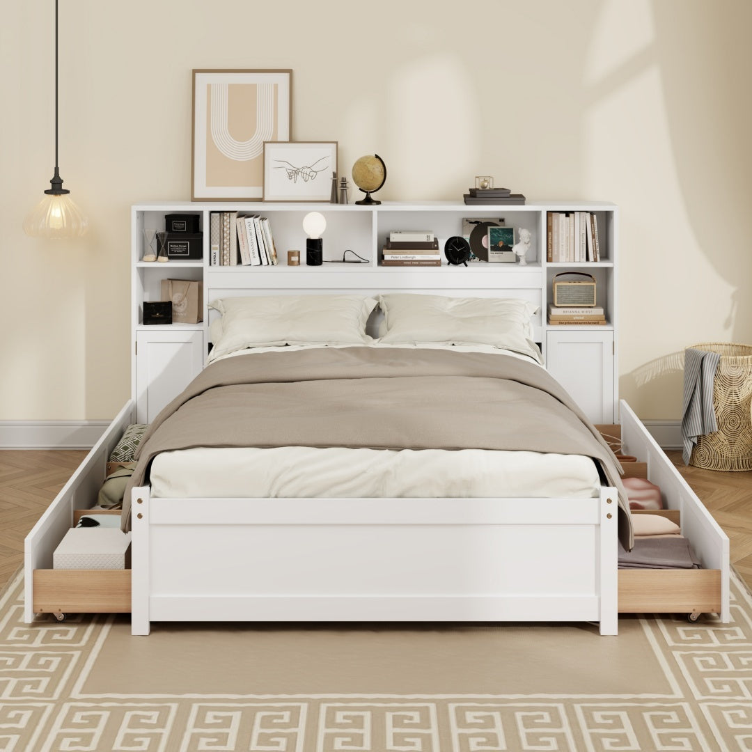 White Wooden Storage Bed With Tall Extended Bookcase Headboard, 6 Drawers And Charging Station For Teens Adults, No Box Spring Needed,Twin