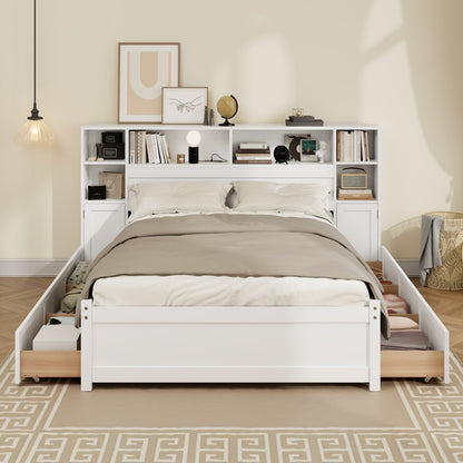 White Wooden Storage Bed With Tall Extended Bookcase Headboard, 6 Drawers And Charging Station For Teens Adults, No Box Spring Needed,Twin