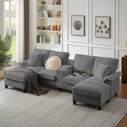 120 Modular Corduroy Sectional Sofa Bed With Storage  Modern U-Shaped Design, 4-Seater, Perfect For Living Room, Apartment, Or Lounge, Featuring Cup Holders For Added Convenience