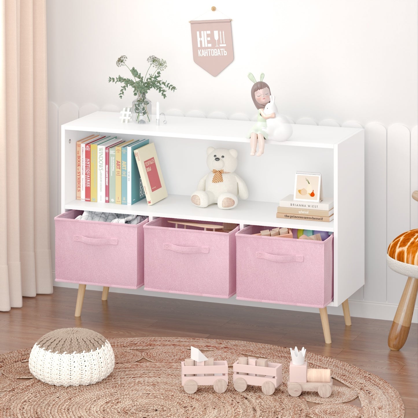 Kids Bookcase With Fabric Drawers, Children's Book Display & Toy Storage Cabinet