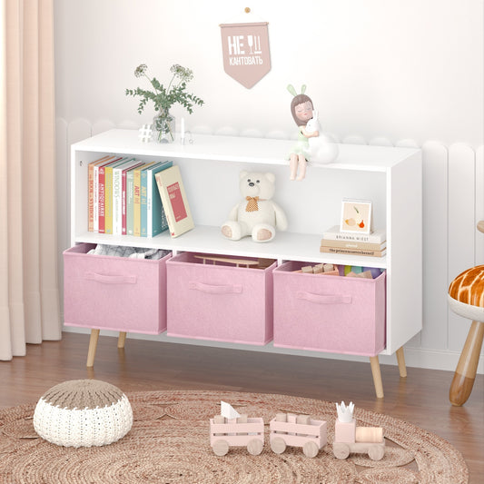 Kids Bookcase With Fabric Drawers, Children's Book Display & Toy Storage Cabinet