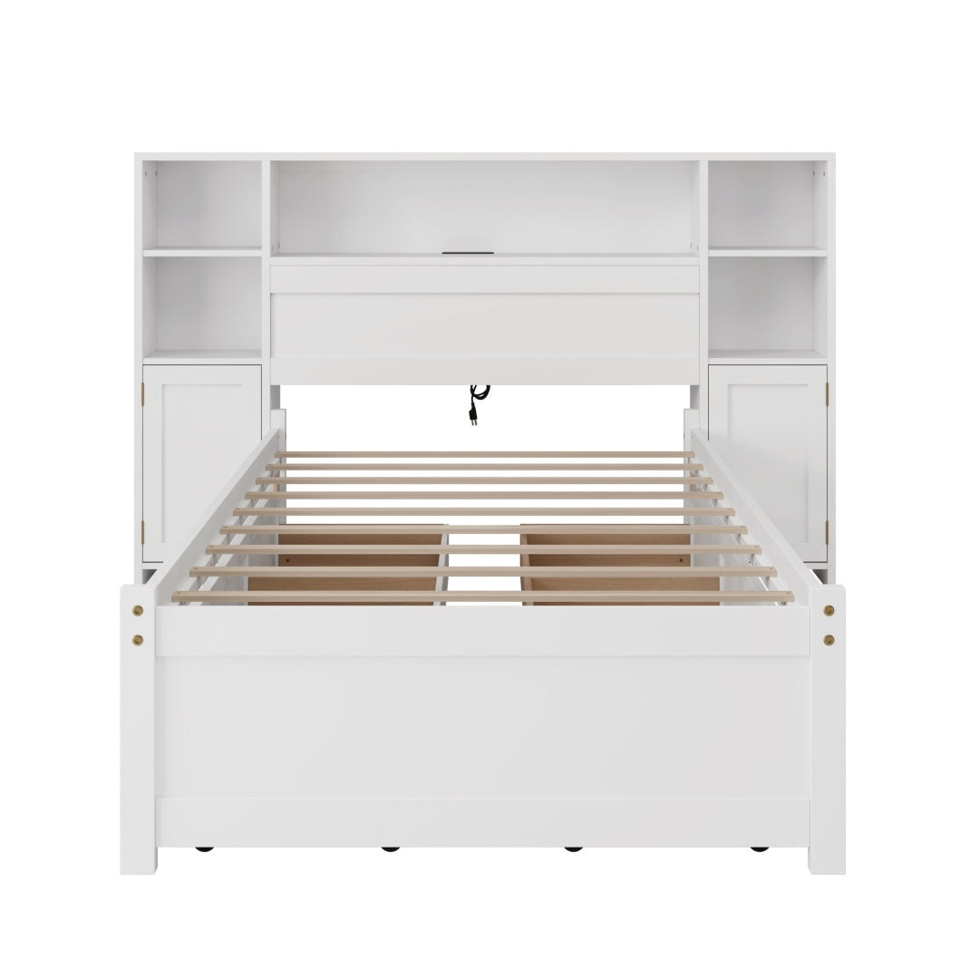 White Wooden Storage Bed With Tall Extended Bookcase Headboard, 6 Drawers And Charging Station For Teens Adults, No Box Spring Needed,Twin