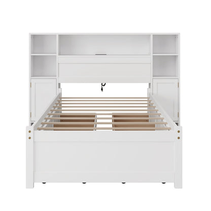 White Wooden Storage Bed With Tall Extended Bookcase Headboard, 6 Drawers And Charging Station For Teens Adults, No Box Spring Needed,Twin